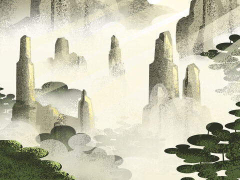 Amazing scenery of Avatar Mountains in foggy weather