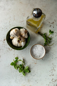 Garlic, herbs, olive oil and salt.