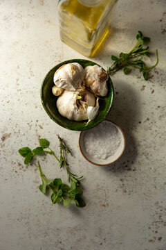 Oil, garlic, herbs, salt