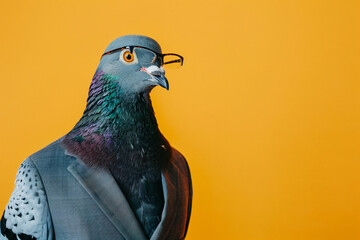A pigeon wearing glasses and a suit jacket stands on a yellow background. Concept of humor and playfulness, as the bird is dressed up in a formal outfit. The combination of the bird's attire