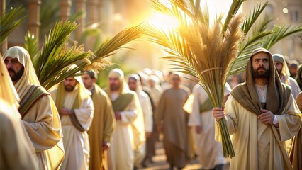 An engaging image of a Palm Sunday procession, with participants carrying palm branches and celebrating Jesus' entry into Jerusalem. Ideal for church bulletins or religious event flyers
