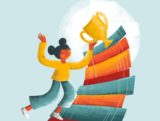 Celebratory Moment With Trophy and Books