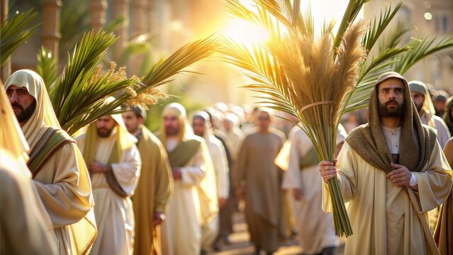 An engaging image of a Palm Sunday procession, with participants carrying palm branches and celebrating Jesus' entry into Jerusalem. Ideal for church bulletins or religious event flyers