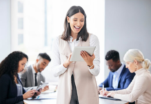 Woman, tablet and smile in office for business meeting, success or deal with corporate company. Female accountant, ebook and happiness for financial pitch in workplace, strategy for global economy