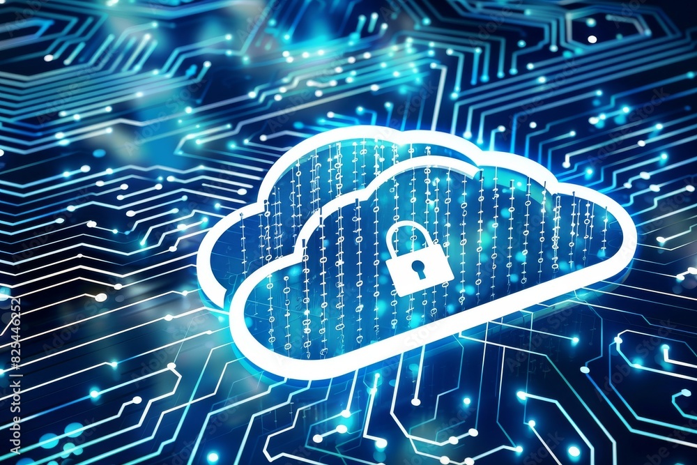 Poster digital lock on computer screen with cloud elements in modern office environment