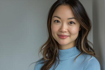 Fototapeta premium Portrait of a smiling woman in a blue sweater against a blue background.