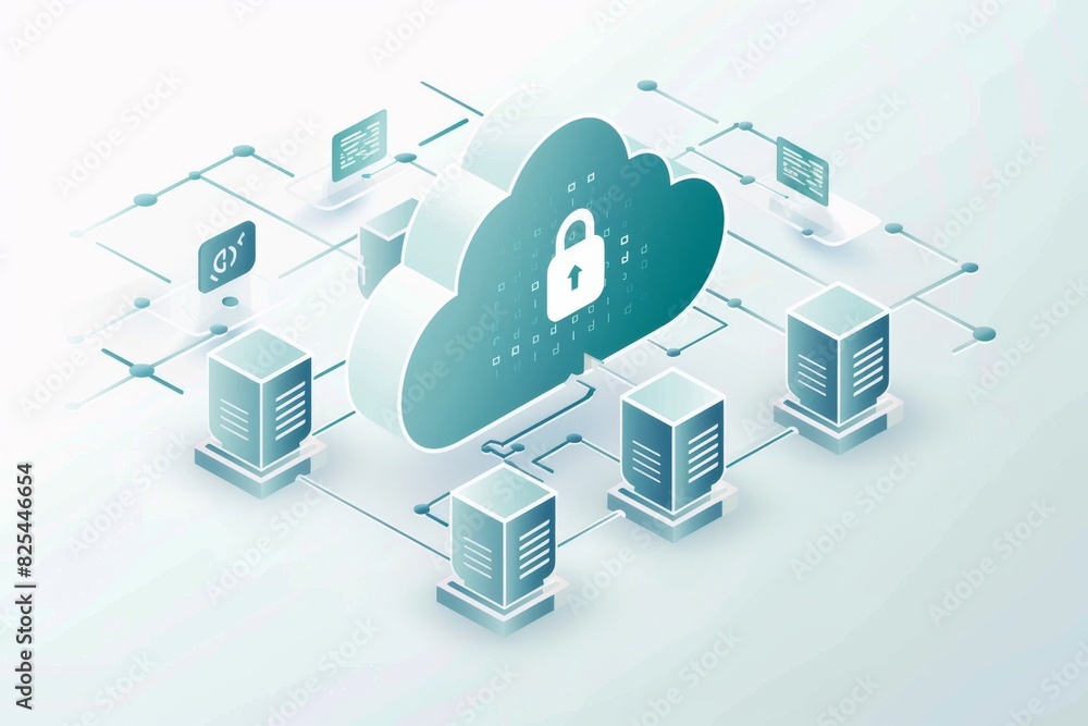 Poster digital lock on computer screen with cloud elements in modern office environment