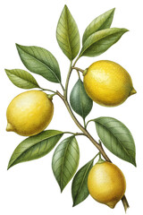 Lemon branch isolated on transparent background old botanical illustration