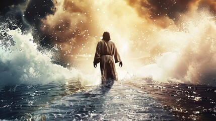 Obraz premium Captivating poster design of Jesus walking on water