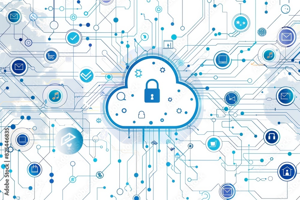 Poster futuristic digital lock on computer screen with cloud elements representing cybersecurity