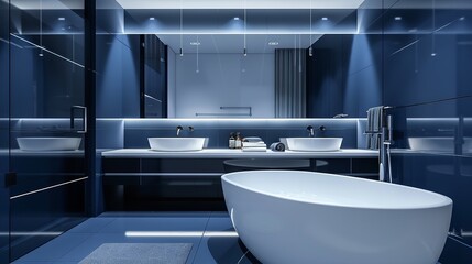 White and Dark Blue Bathroom Interior with Tub

