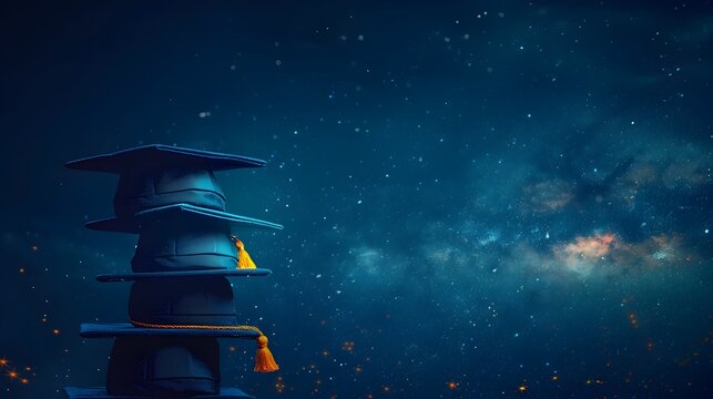 Graduation Caps Tower Reaches for the Stars Symbolizing Achieving New Heights