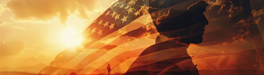 A soldier with an American flag. in the style of Double exposure American flag for Memorial Day, 4th of July, Labor Day
