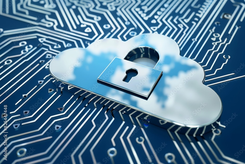 Poster digital lock on computer screen with cloud elements in modern office environment