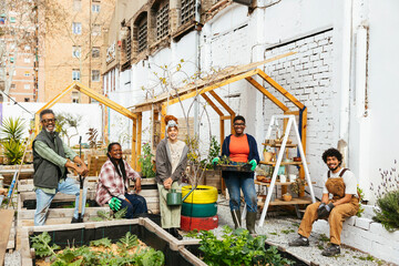 Group of diverse volunteers in a community garden