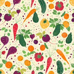 Seamless pattern with vegetables beets, carrots, illustration vegetarian background with healthy organic food.