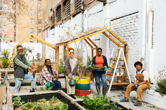 Group of diverse volunteers in a community garden