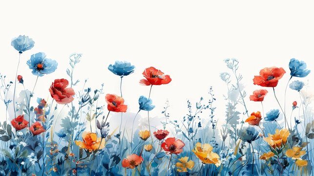 Red and Blue Flowers Painting in a Field