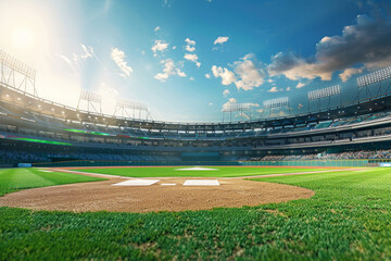 wide shot of baseball stadium, bright day light, photo realistic