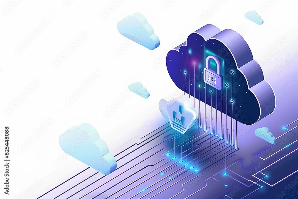 Poster digital lock on computer screen with cloud elements in modern office environment