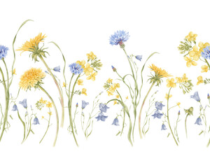 Watercolor seamless border with wildflowers