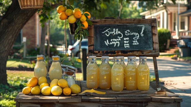 Rustic lemonade stand featuring ice-cold beverages vibrant lemons and a handwritten sign exuding summer vibes in a peaceful neighborhood setting
