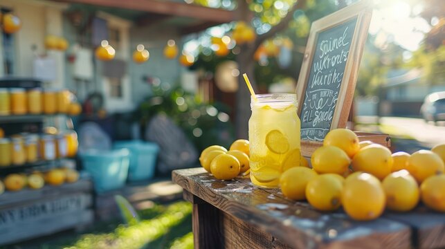 Rustic lemonade stand featuring ice-cold beverages vibrant lemons and a handwritten sign exuding summer vibes in a peaceful neighborhood setting