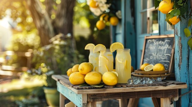 Rustic lemonade stand featuring ice-cold beverages vibrant lemons and a handwritten sign exuding summer vibes in a peaceful neighborhood setting
