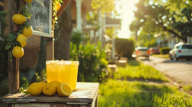Rustic lemonade stand featuring ice-cold beverages vibrant lemons and a handwritten sign exuding summer vibes in a peaceful neighborhood setting