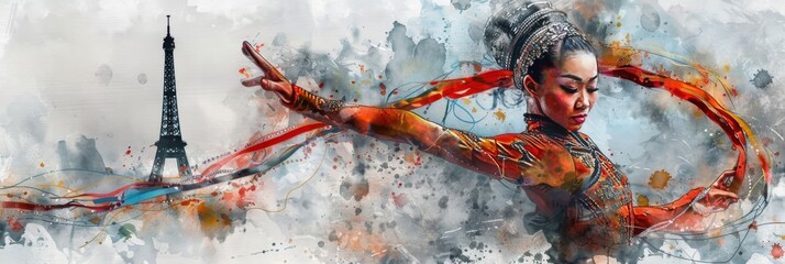 Horizontal banner, watercolor illustration, Summer Olympic Games, gymnast with ribbon against the background of the Eiffel Tower and, copy space