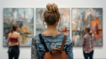Woman With Backpack Looking at Paintings