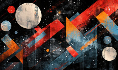 Vibrant geometric shapes with a cosmic, grunge backdrop. Generate AI