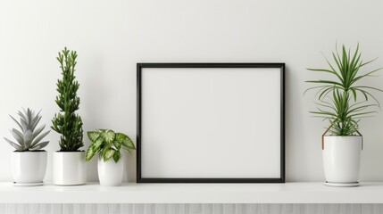 Mock up black frame with a group houseplants on a shelf. White shelf against a white wall. Copy space. - Powered by Adobe