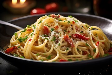 Classic Italian pasta dish with spaghetti, pancetta, and fresh herbs.