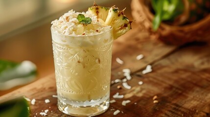 Refreshing summer cocktail made with coconut milk and pineapple juice on a wooden surface