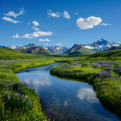 Serene Landscape with Rolling Hills, River, and Snow-Capped Mountains Under a Clear Blue Sky