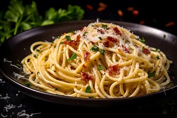 Classic Italian pasta dish with spaghetti, pancetta, and fresh herbs.