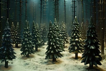 Magical scene of snowdusted trees in a dark, mystical forest under a gentle glow