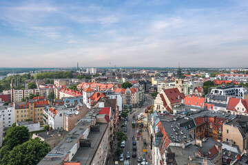 Summer skyline cityscape of district Wilda in Poznan, Poland. Wide panoramic aerial view. Church and Wilda market (Rynek Wildecki)