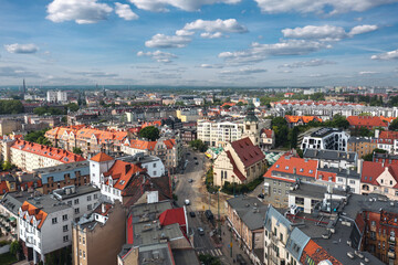 Summer skyline cityscape of district Górna Wilda in Poznań, Poland. Wide panoramic aerial view. Church and Wilda market (Rynek Wildecki)