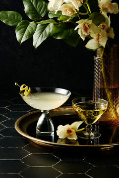 Two Cocktails on a Brass Tray 