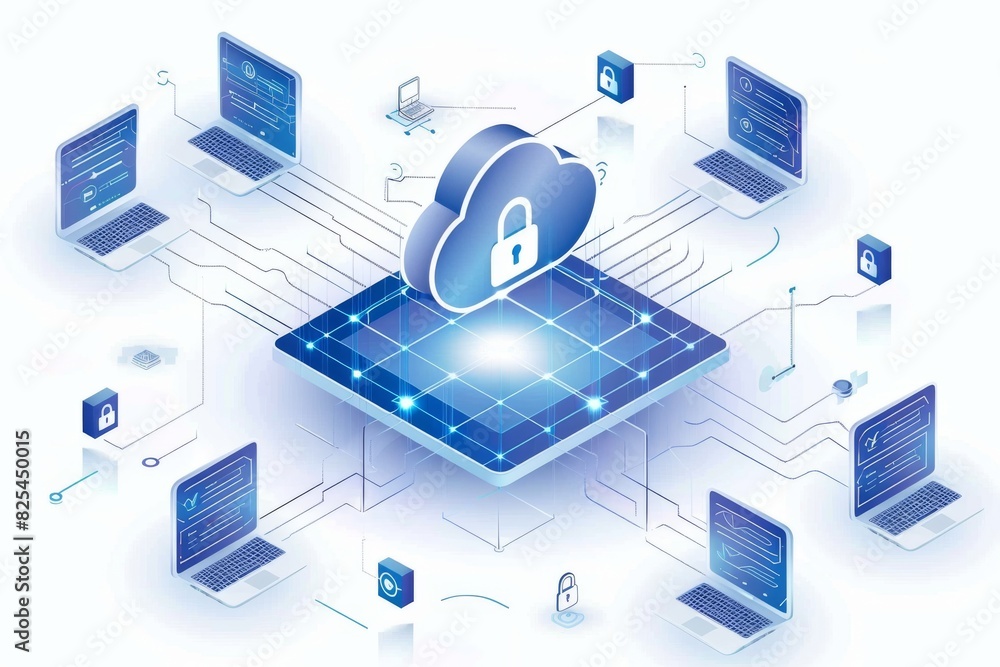 Poster creative 3d illustration of cloud security with lock and tech elements in modern style