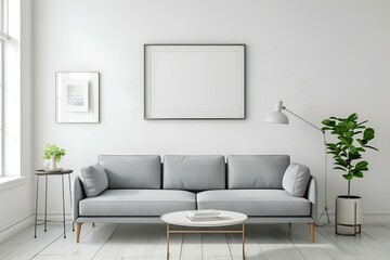 Minimalistyczny salon z szarą sofą i pustą ramką