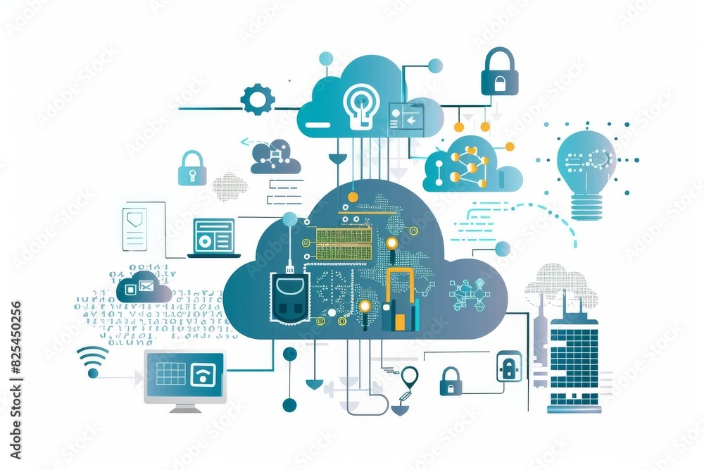 Poster digital lock on computer screen with cloud elements in modern office environment