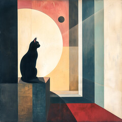 
Mysterious colorful black cat silhouette abstract retro style

