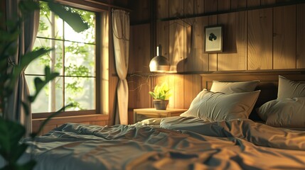 Wooden Home Bedroom Interior with Bed

