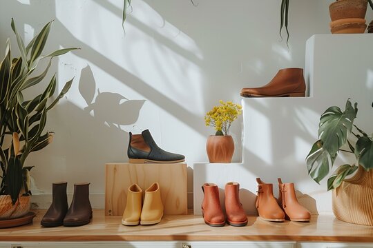 Stylowa ekspozycja sk&oacute;rzanych but&oacute;w w minimalistycznym wnętrzu