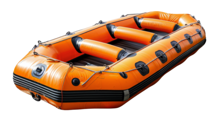 Orange inflatable boat, cut out - stock png.