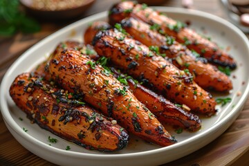 A plate of roasted carrots with parsley on top