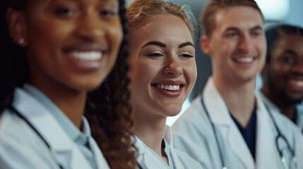 White coated individuals smiling in line healthcare professionals in a hospital